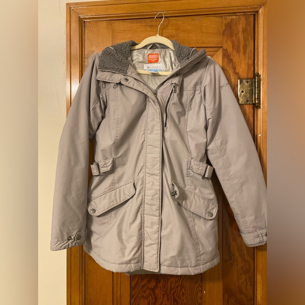Columbia Thermal Coil Jacket/Coat with Silver Accents + Sherpa/Faux Fur Hood